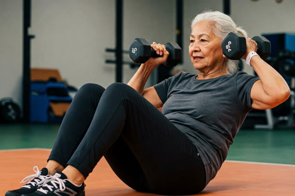 Fit elderly lady doing situps with dumbells in article about exercise for anti-aging