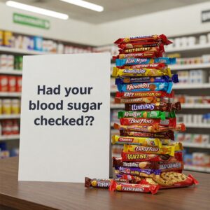 Stack of sweets next to a sign that reads "Had your Blood Sugar Checked?"