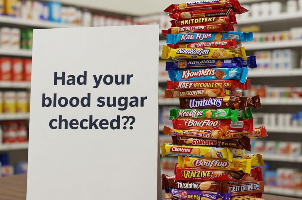 Stack of sweets next to a sign that reads "Had your Blood Sugar Checked?"