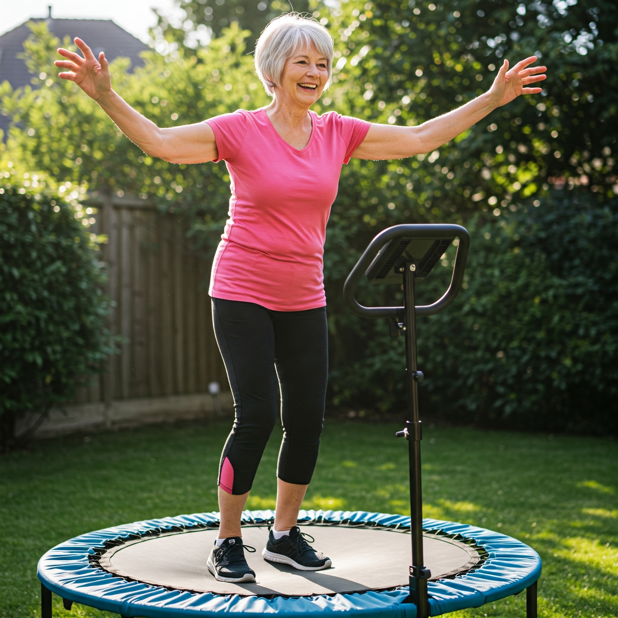 older lady jumping on an exercise trampoline
