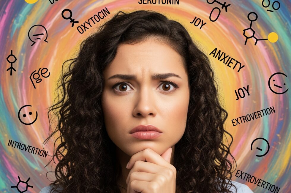 Image of a lady with a confused look on her face and hormones and moods surrounding her