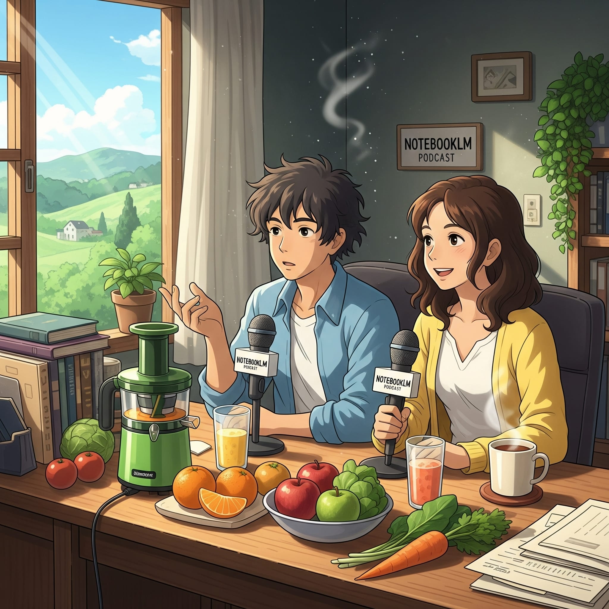 Ghibli styled notebooklm podcasters on juicing