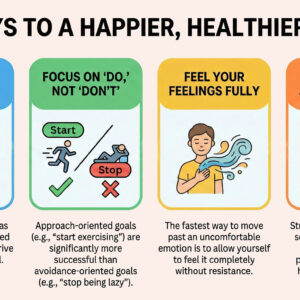 Infographic titled '4 KEYS TO A HAPPIER, HEALTHIER YOU'. It features four panels: 'Create a Clear Vision' regarding visualizing success; 'Focus on Do, Not Don't' explaining that approach-oriented goals are more successful than avoidance ones; 'Feel Your Feelings Fully' about processing emotions without resistance; and 'Make Connection Your Priority' highlighting relationships as predictors of longevity and health.