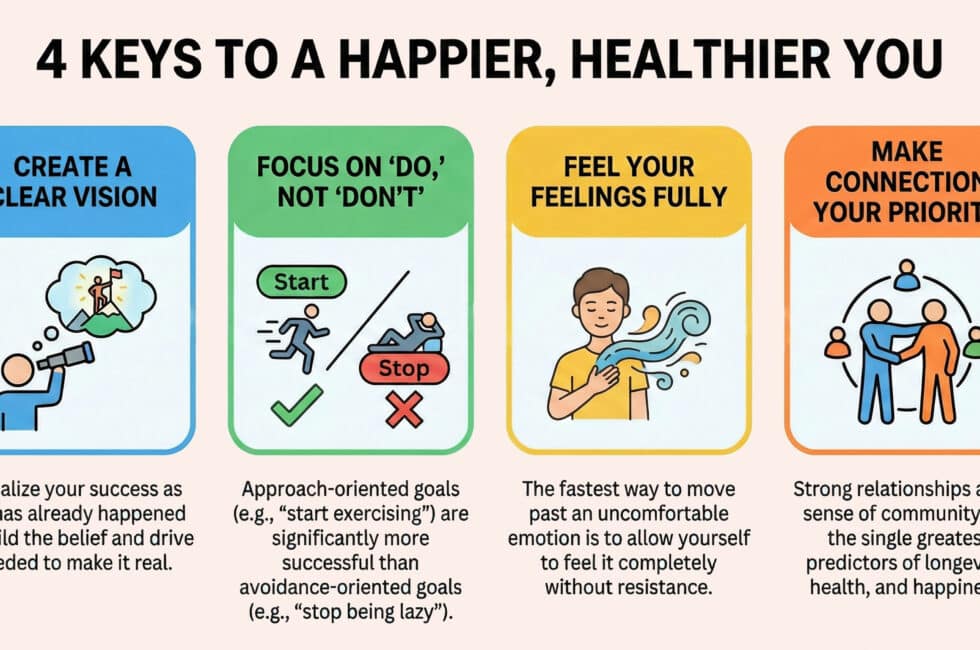 Infographic titled '4 KEYS TO A HAPPIER, HEALTHIER YOU'. It features four panels: 'Create a Clear Vision' regarding visualizing success; 'Focus on Do, Not Don't' explaining that approach-oriented goals are more successful than avoidance ones; 'Feel Your Feelings Fully' about processing emotions without resistance; and 'Make Connection Your Priority' highlighting relationships as predictors of longevity and health.