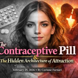 A woman’s face is split down the middle, with one half in grayscale and the other in warm, vibrant color. On the grayscale side, a blister pack of birth control pills and chemical formulas appear in the background. On the color side, a silhouetted couple stands close together in front of a glowing background with a DNA helix. The design symbolizes the biological and emotional effects of hormonal contraception on attraction.