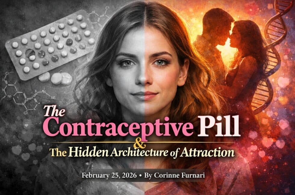 A woman’s face is split down the middle, with one half in grayscale and the other in warm, vibrant color. On the grayscale side, a blister pack of birth control pills and chemical formulas appear in the background. On the color side, a silhouetted couple stands close together in front of a glowing background with a DNA helix. The design symbolizes the biological and emotional effects of hormonal contraception on attraction.