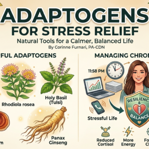 Infographic showing best adaptogens for stress relief like Ashwagandha and Rhodiola by Corinne Furnari PA-CDN.
