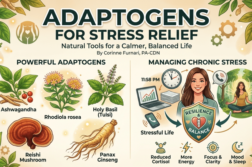 Infographic showing best adaptogens for stress relief like Ashwagandha and Rhodiola by Corinne Furnari PA-CDN.