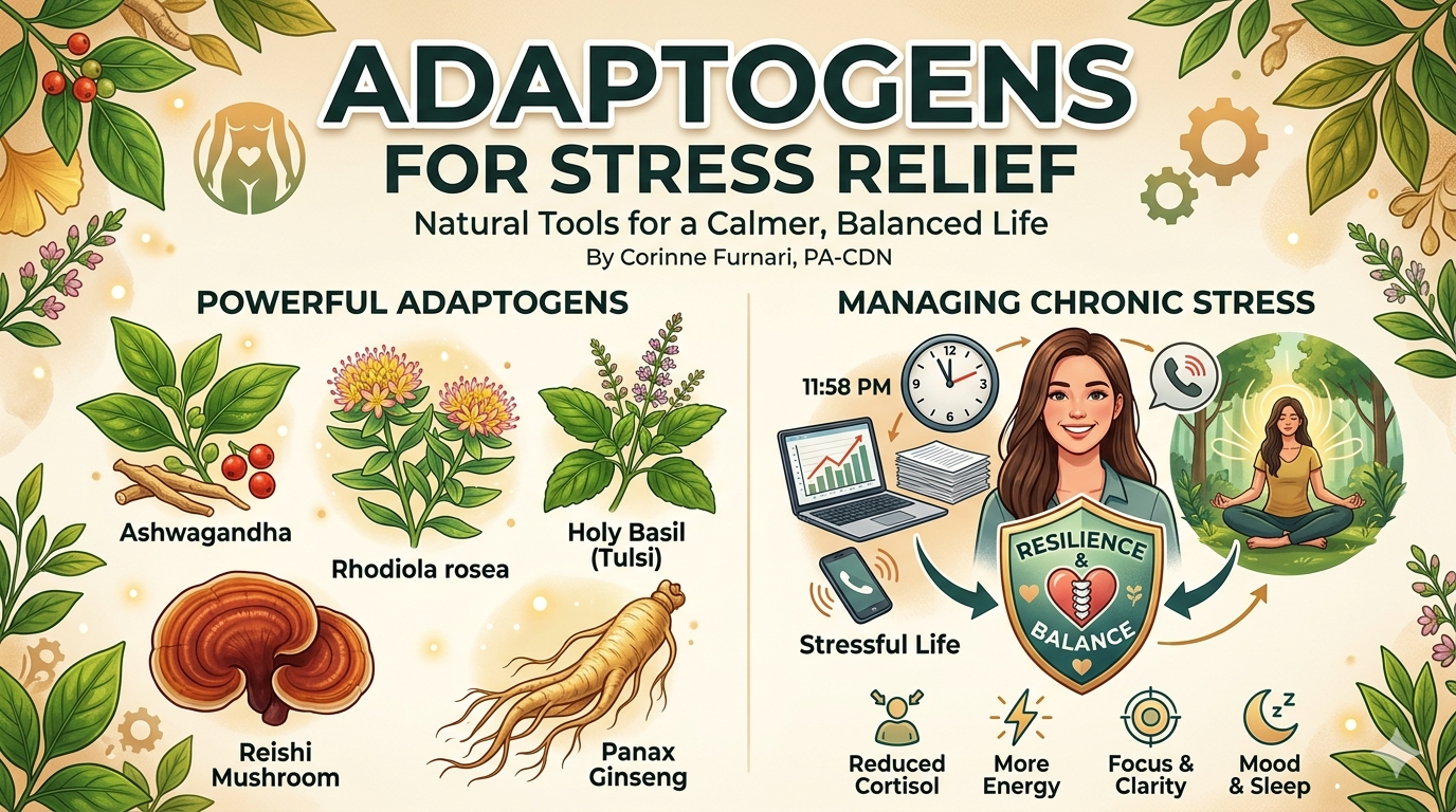 Infographic showing best adaptogens for stress relief like Ashwagandha and Rhodiola by Corinne Furnari PA-CDN.