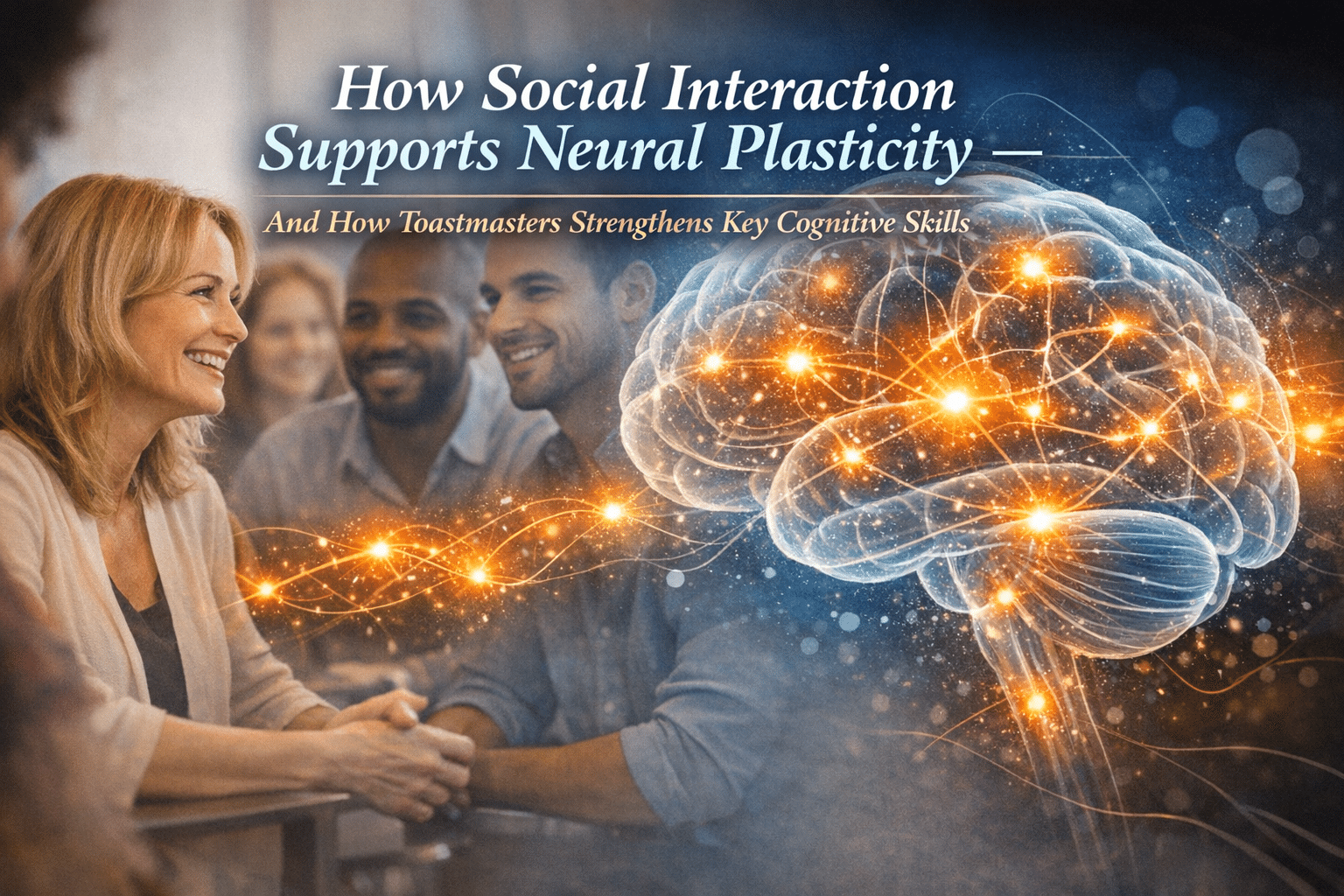 Group of people engaged in conversation beside a glowing brain illustration symbolizing how social interaction supports neural plasticity and cognitive growth through Toastmasters.