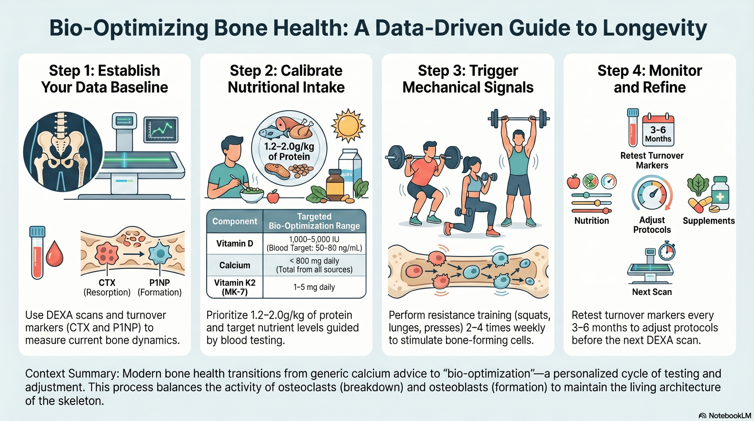 Modern bone health YouTube thumbnail collage featuring four educational lessons about osteoporosis prevention, DEXA scans, vitamin K2, calcium balance, biomarkers, and strength training. Includes medical graphics of bones, spine scans, supplements, resistance exercise, and bone density concepts with bold high-contrast text designed for health and longevity content.