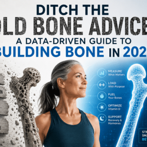 Modern bone health graphic showing outdated osteoporosis advice versus a data-driven approach to building stronger bones in 2026.