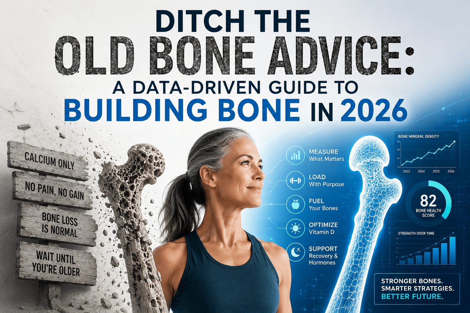 Modern bone health graphic showing outdated osteoporosis advice versus a data-driven approach to building stronger bones in 2026.