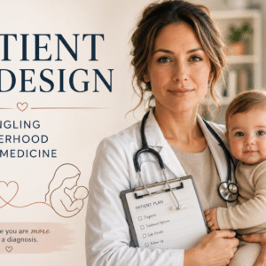 Healthcare professional holding a baby beside the title "Patient by Design: Untangling Motherhood from Medicine," symbolizing the relationship between motherhood and medical care.