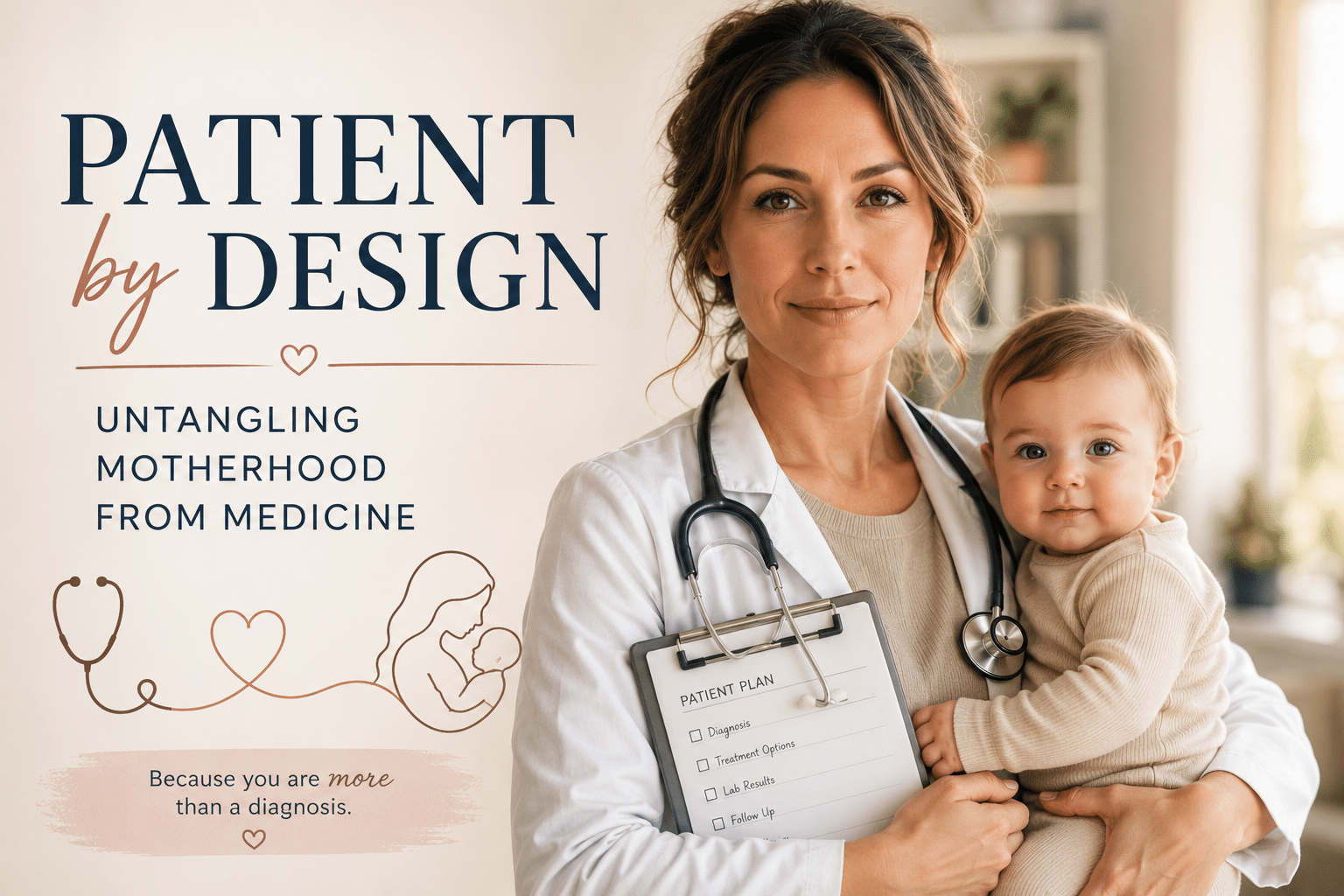 Healthcare professional holding a baby beside the title "Patient by Design: Untangling Motherhood from Medicine," symbolizing the relationship between motherhood and medical care.