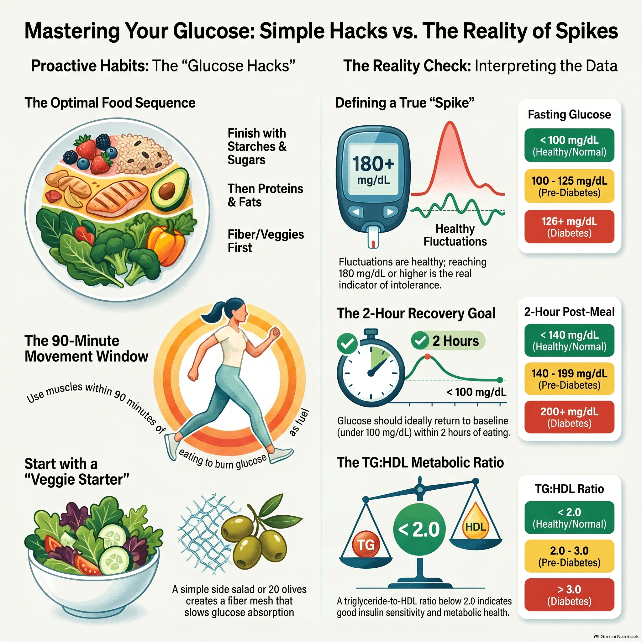 Food sequencing for blood sugar infographic showing vegetables first, protein and fats next, and carbohydrates last.
