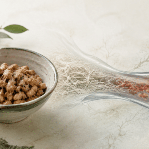 Traditional Japanese natto beside a scientific visualization of fibrin and healthy blood flow.