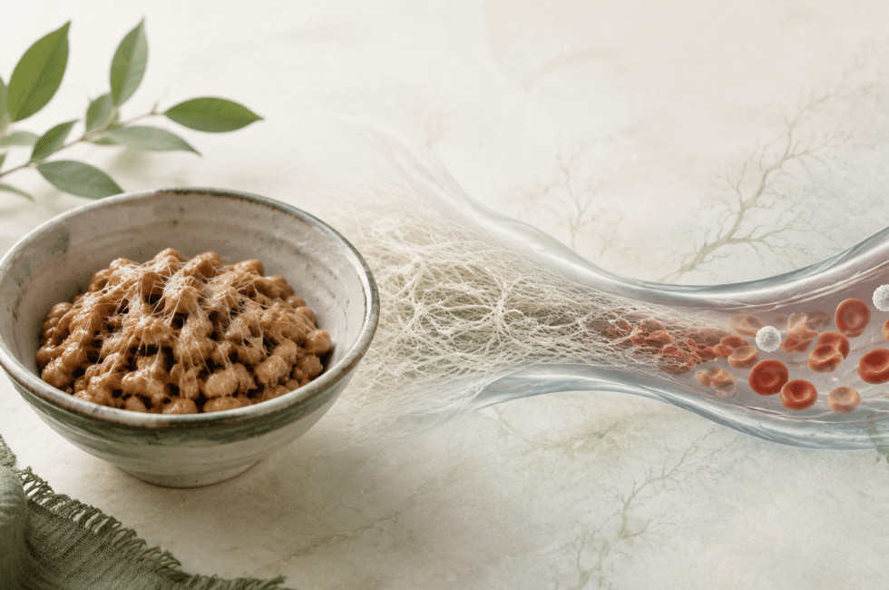 Traditional Japanese natto beside a scientific visualization of fibrin and healthy blood flow.