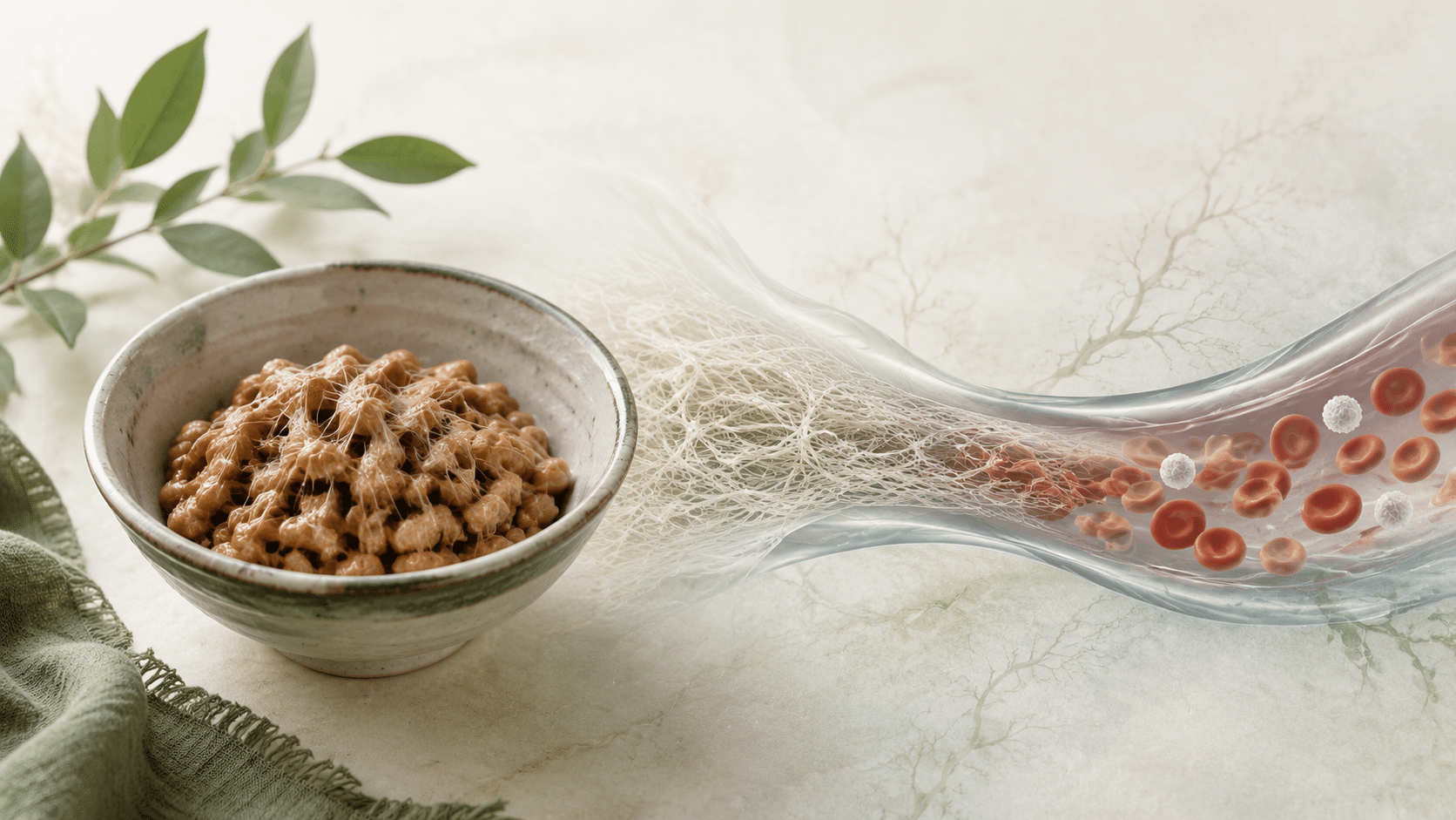 Traditional Japanese natto beside a scientific visualization of fibrin and healthy blood flow.