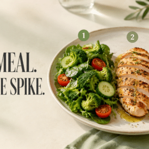 Balanced meal showing vegetables, protein, and carbohydrates eaten in sequence to reduce a post-meal glucose spike.