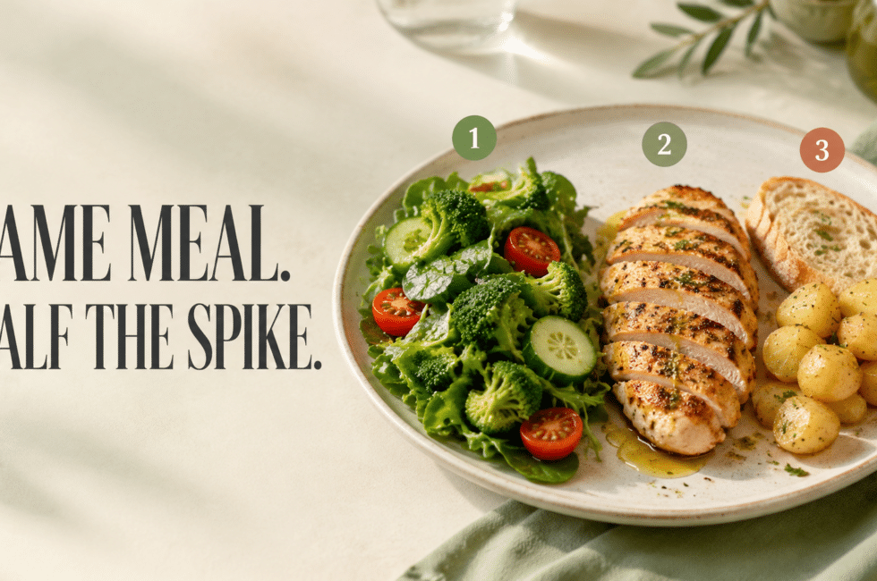 Balanced meal showing vegetables, protein, and carbohydrates eaten in sequence to reduce a post-meal glucose spike.