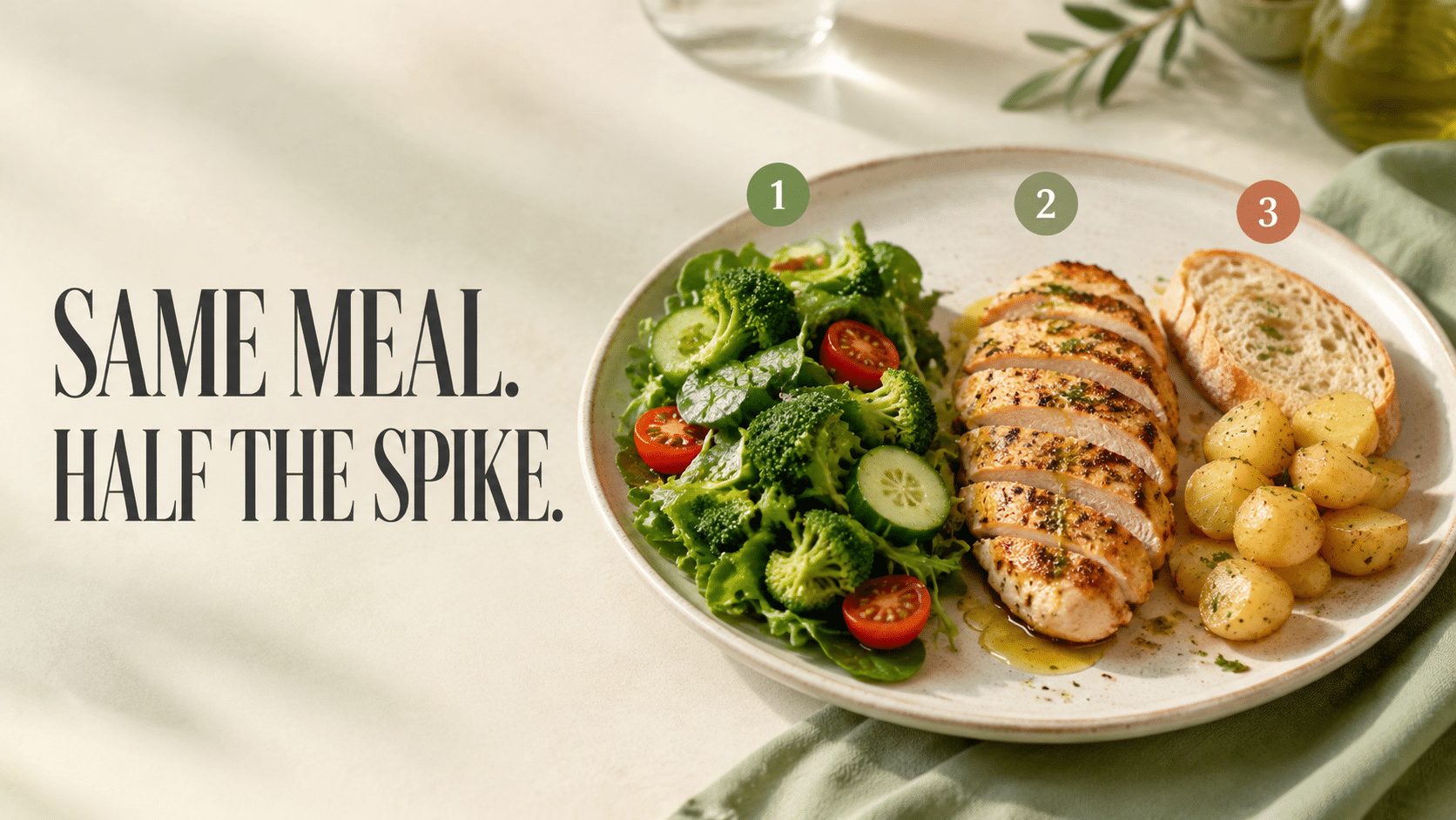 Balanced meal showing vegetables, protein, and carbohydrates eaten in sequence to reduce a post-meal glucose spike.