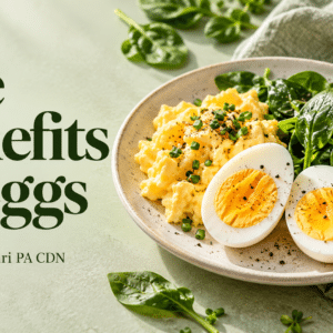 Scrambled and halved hard-boiled eggs with spinach beside the title “The Benefits of Eggs” and Corinne Furnari PA CDN’s name. Caption: Simple, nourishing eggs—a fresh look at their place in a healthy diet.