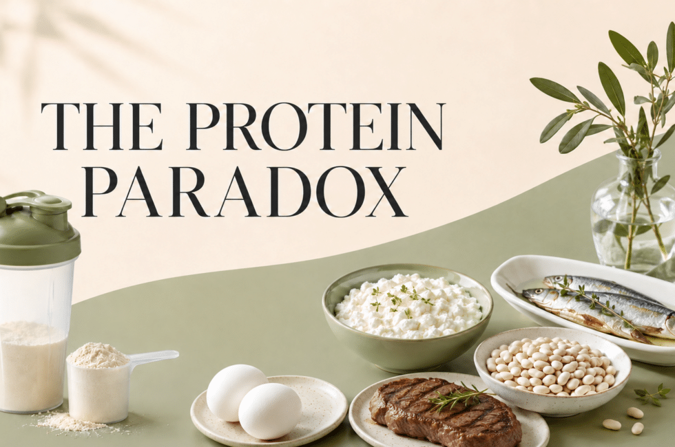 Protein intake choices including steak, eggs, fish, beans, cottage cheese and protein powder.