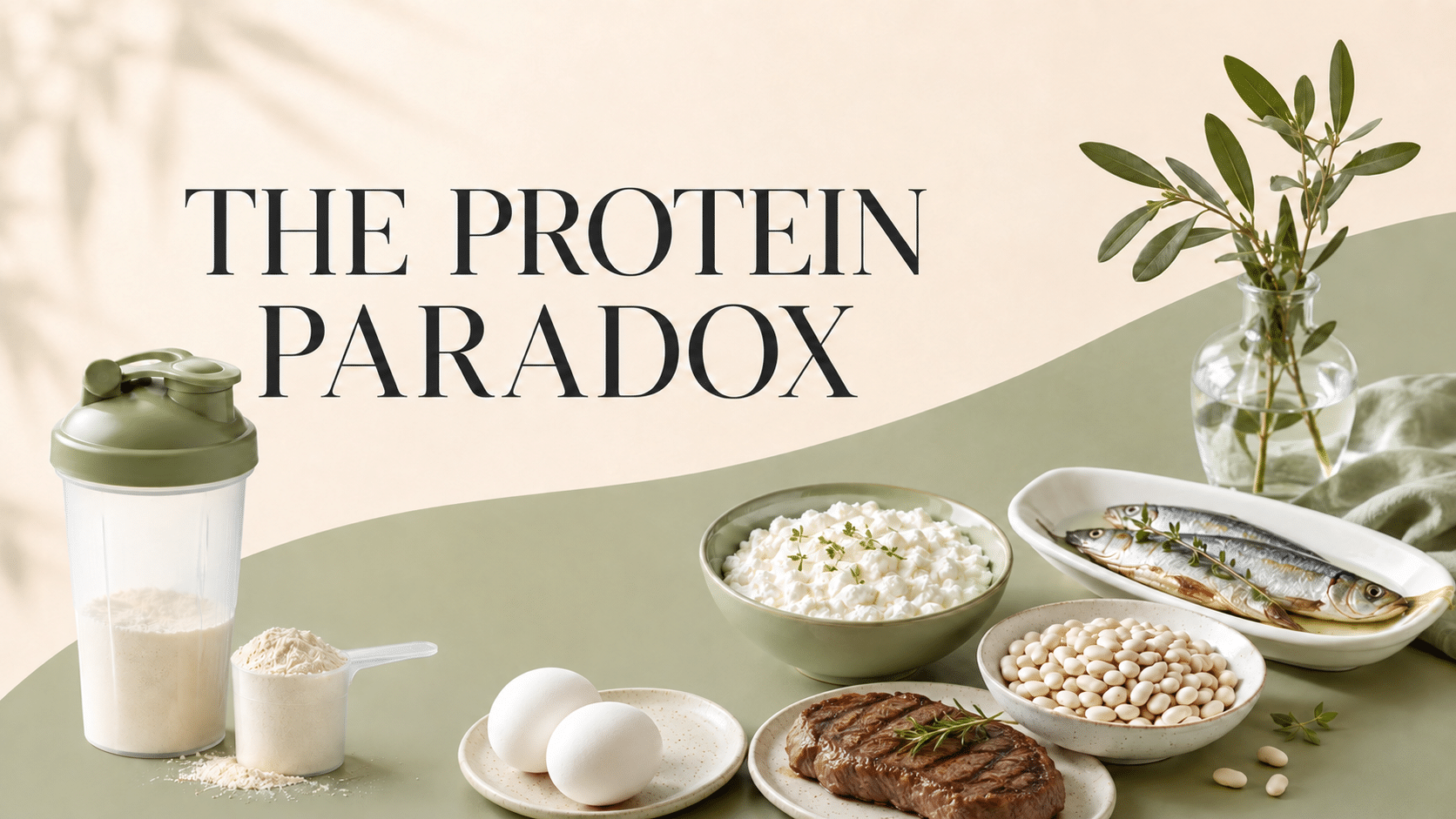 Protein intake choices including steak, eggs, fish, beans, cottage cheese and protein powder.