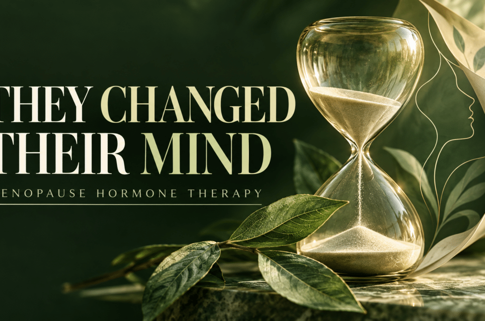 Hourglass and green leaves beside the words “They Changed Their Mind,” illustrating a change in the conversation about menopause hormone therapy.